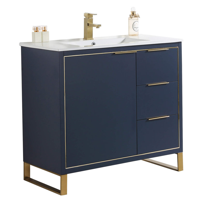 Ensemble de meuble-lavabo simple 36 po, Laiton satiné, Bleu marine