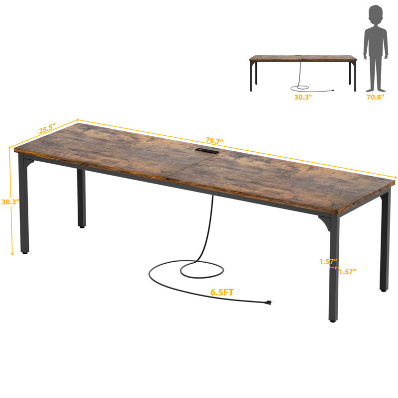 79'' W Rectangle Computer Desk with Power Outlet, Long Double Home Office Computer Desks, Brown