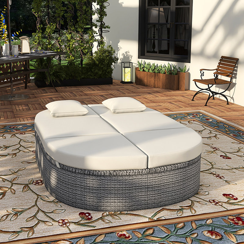 2-Person Outdoor Rattan Daybed With Adjustable Backrests, Beige Cushion/Gray Frame