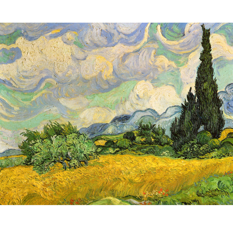 Champ de blé avec cyprès, H 14 po x l 18 po
