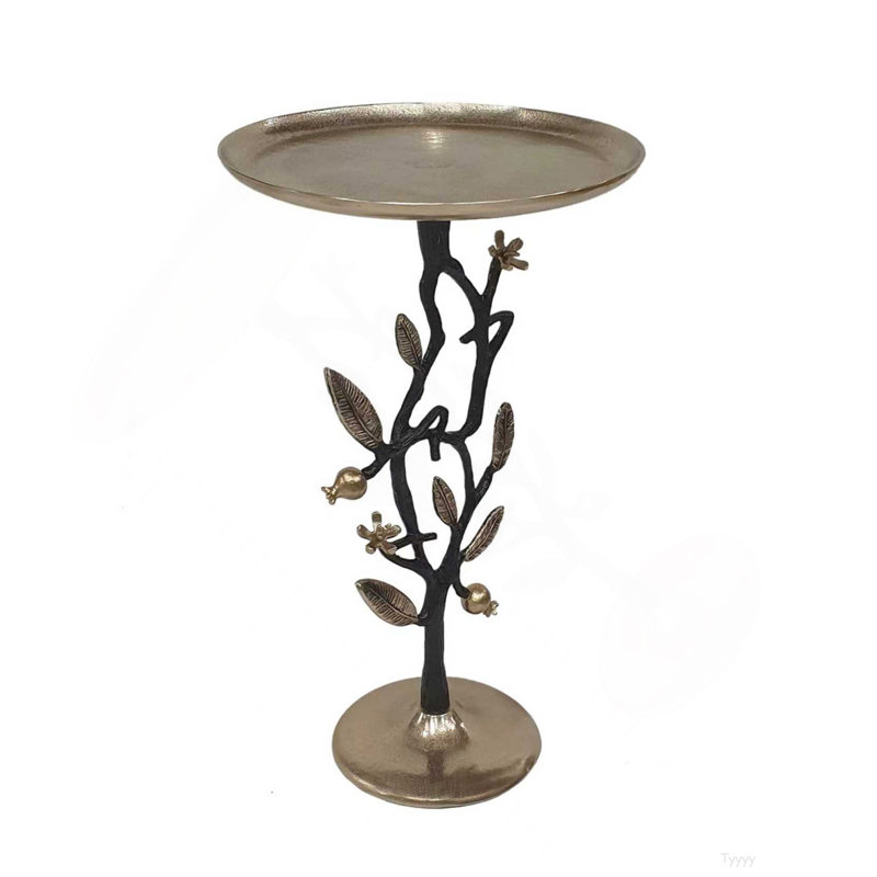 13.8X13.8X24" Black And Gold Aluminum Side Table With Delicate Pomegranate Design