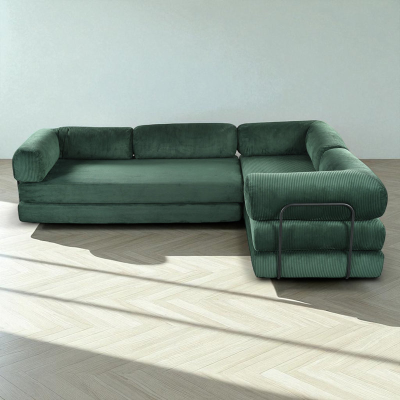Modular Upholstered Boneless Sectional Sofa Bed, Green Polyester