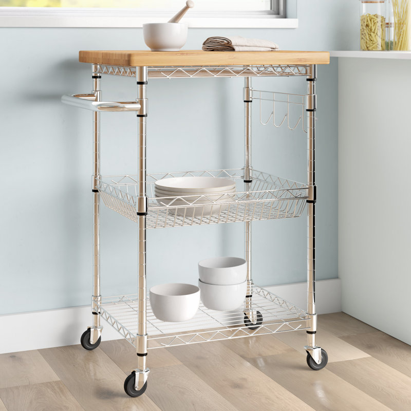 Chariot de cuisine avec plateau en bois massif Shepha