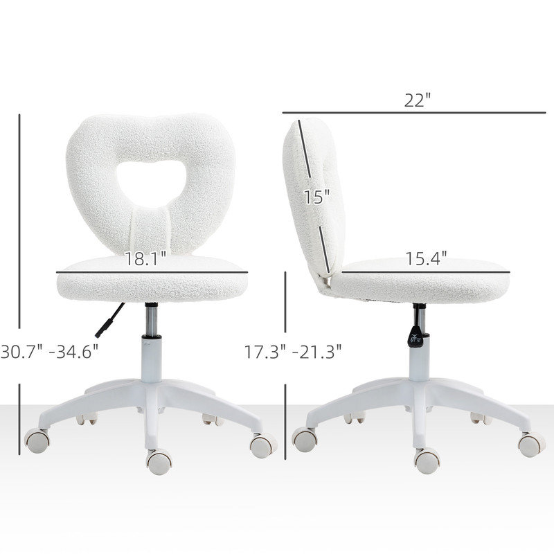 Chaise de bureau blanche en forme de cœur en molleton en forme de cœur, chaise de bureau pivotante et roulante réglable avec roulettes pour bureau à domicile, coiffeuse et chambre à coucher