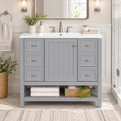 Meuble-lavabo simple autoportant gris de 36 po avec lavabo et rangement en céramique