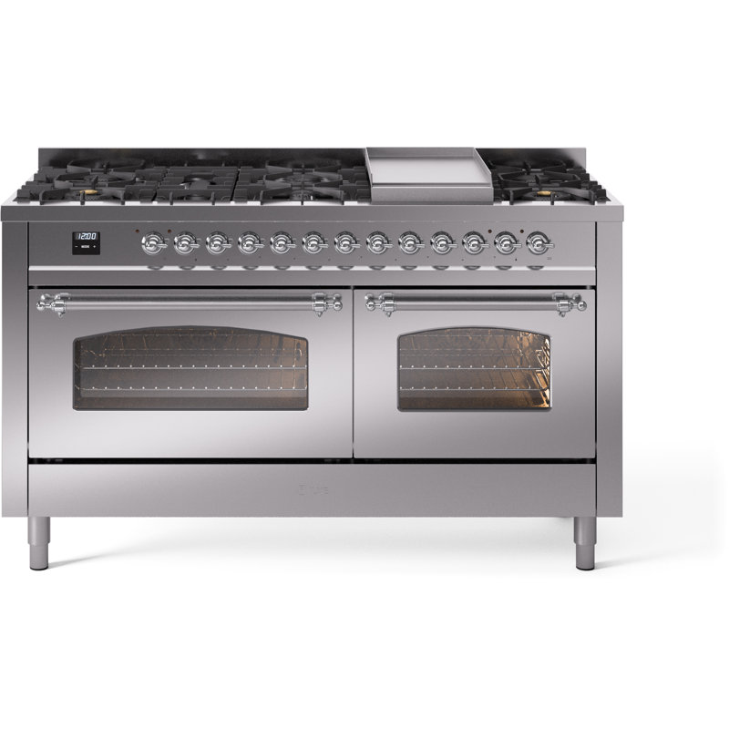 ILVE Nostalgie II 60 Dual Fuel Range, 9 Burners, Griddle, Liquid Propane, Stainless Steel/Chrome