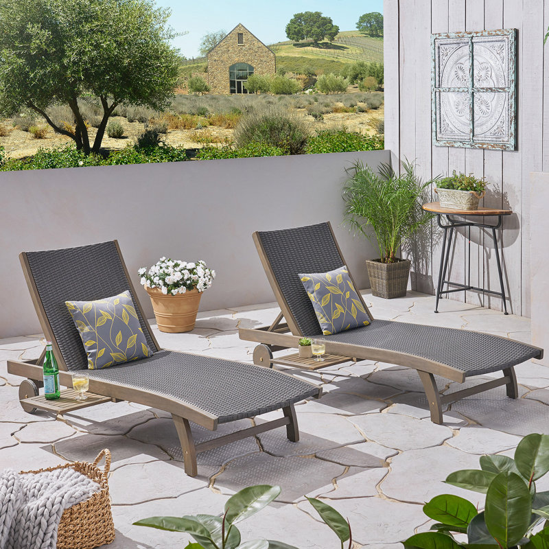 Acacia Wood Chaise Lounges With Wicker Seats And Pull-Out Tray For Outdoor Relaxation