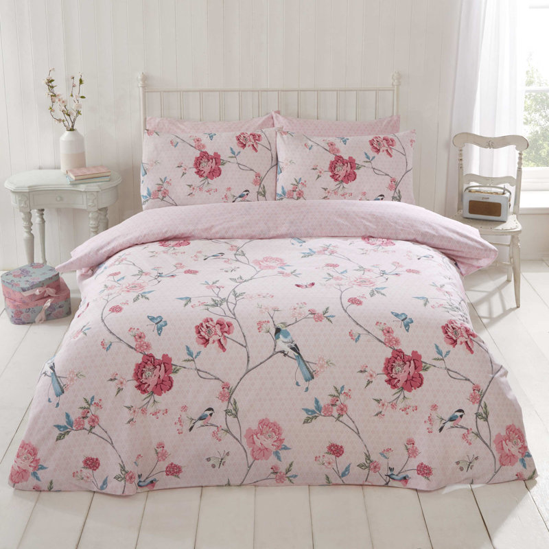 Blane Floral Duvet Cover Set with Pillowcases, Kingsize Duvet Cover + 2 Standard Pillowcases, Pink
