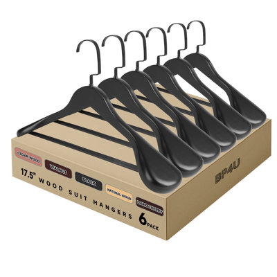  6-Pack Premium Wide Shoulder Wooden Suit Hangers, 17.5-Inch Heavy-Duty Solid Wood Coat Hangers for Suits & Coats(Black)