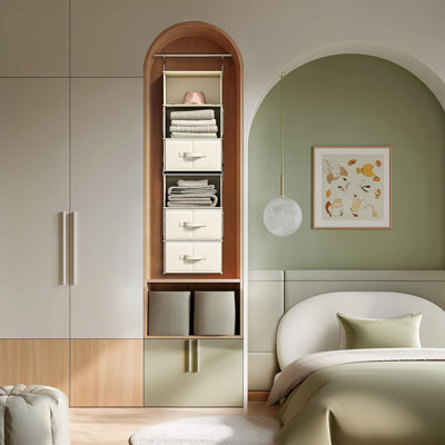 6-Shelf Hanging Closet Organizer With Drawers – Multi-Piece Wardrobe Storage Set For Clothes And Home Organization, Beige