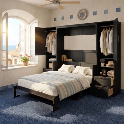 Space-Saving Murphy Bed With Integrated Closet, Drawers, And Shelves For Maximum Storage And Room Flexibility.