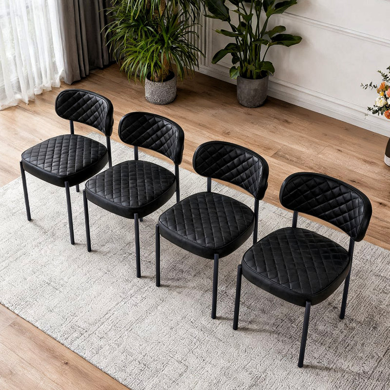 Tufted Faux Leather Waffle Upholstered Armless Dining Chair Round Seat, Black