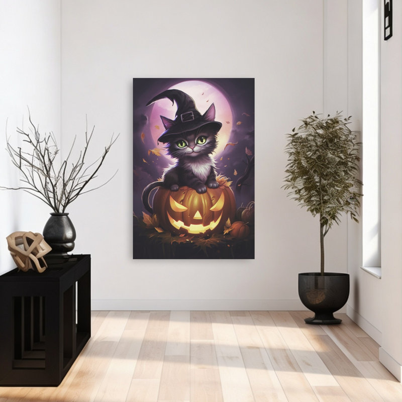 Chat sorcière mignon, citrouille, paysage abstrait contemporain, art mural nature, H 48 po x l 32 po