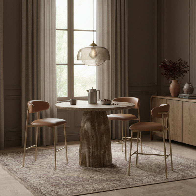 Tabouret de bar rembourré en cuir Lupita, Doré, Cuir cognac végétalien