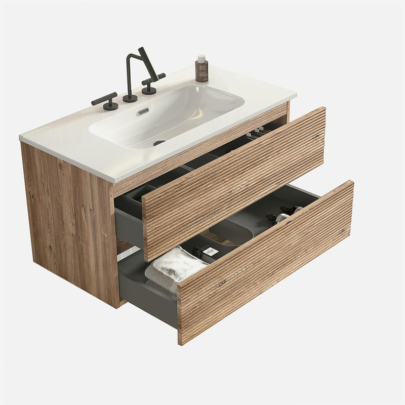 Meuble-lavabo mural en chêne brut et chêne brut 36 po avec trop-plein Gloria, 36", Chêne