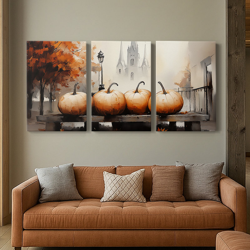 Automne citrouilles d'automne sur un banc avec un ensemble d'églises en toile 3 pièces
