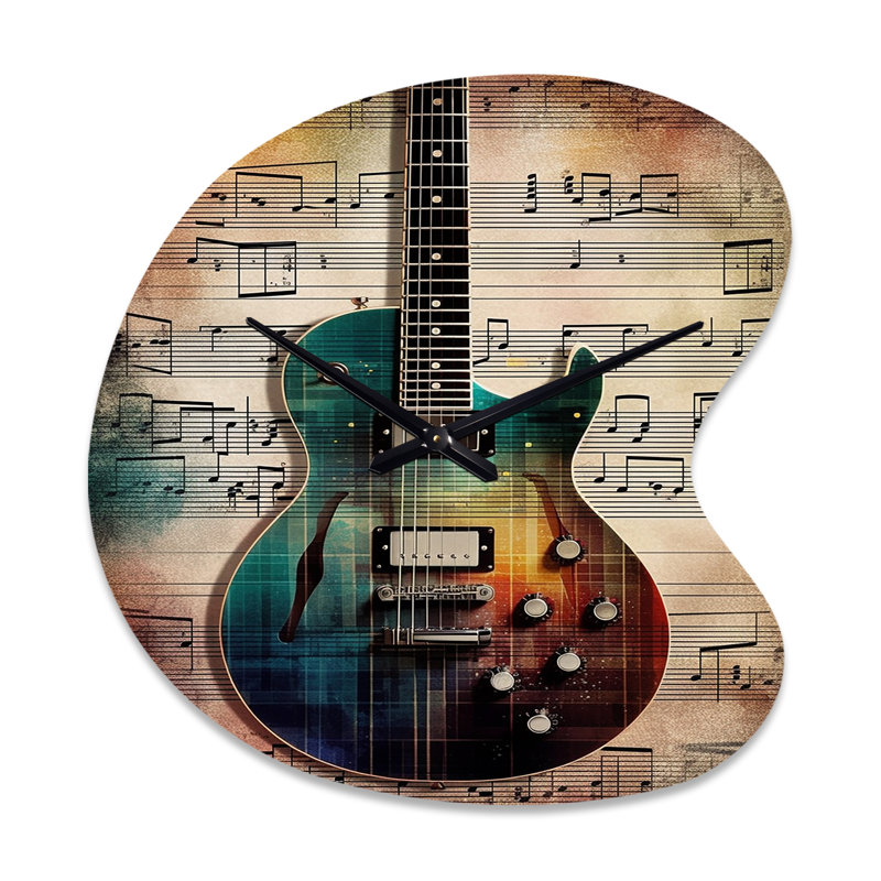 Playing To The Melody - Music Asymmetrical Metal Wall Clock, Teal Unique Shape Clock Print, Large