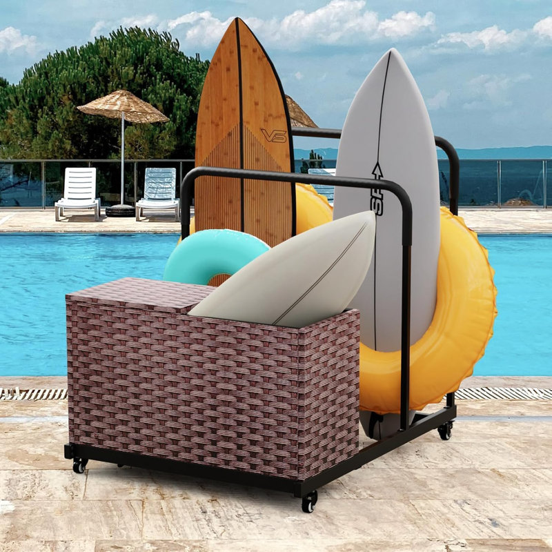 Outdoor Pool Float Storage Cart With Wheels, Waterproof Towel & Cushion Organizer