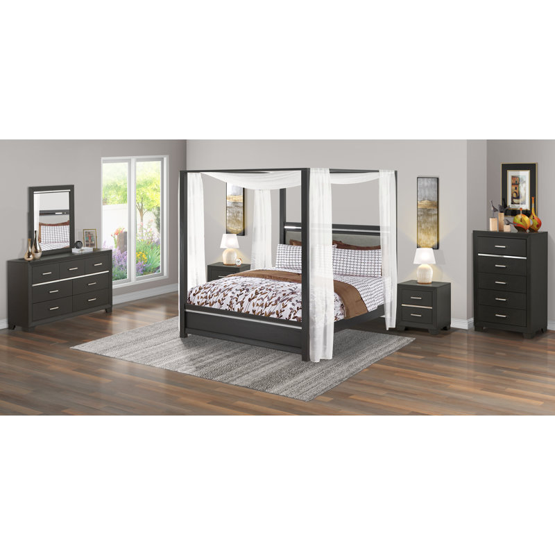 Ensemble de chambre à coucher 6 pièces Denali avec tête de lit pour grand lit réglable à DEL, 2 tables de chevet, miroir, commode et commode en bois - Finition gris brossé
