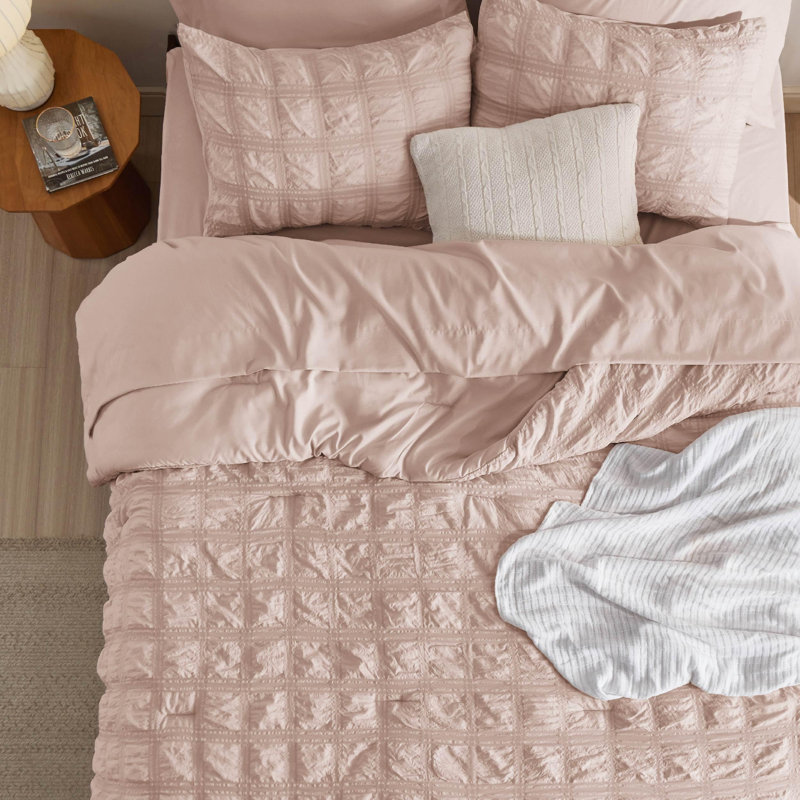 Ensemble de literie complet dans un sac - Ensemble d'édredon à motif écossais 7 pièces, ensemble d'édredon doux et léger rose poudré avec édredons, draps, taies d'oreiller et taies décoratives