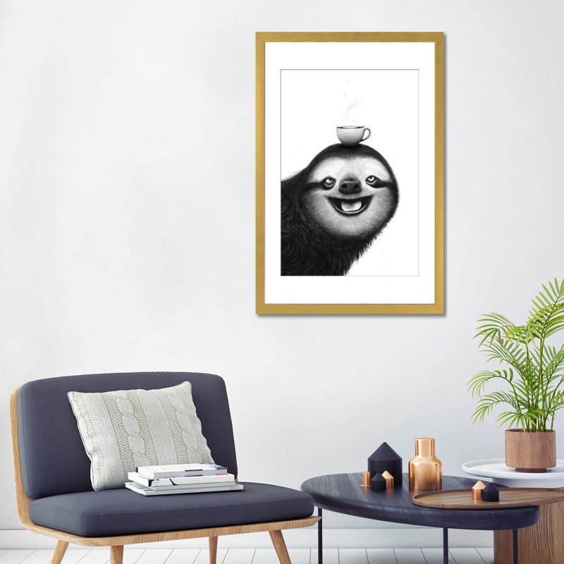 «Sloth With Cappuccino», reproduction d'art sur papier encadré, 32 po x 24 po, Papier encadré, Gold