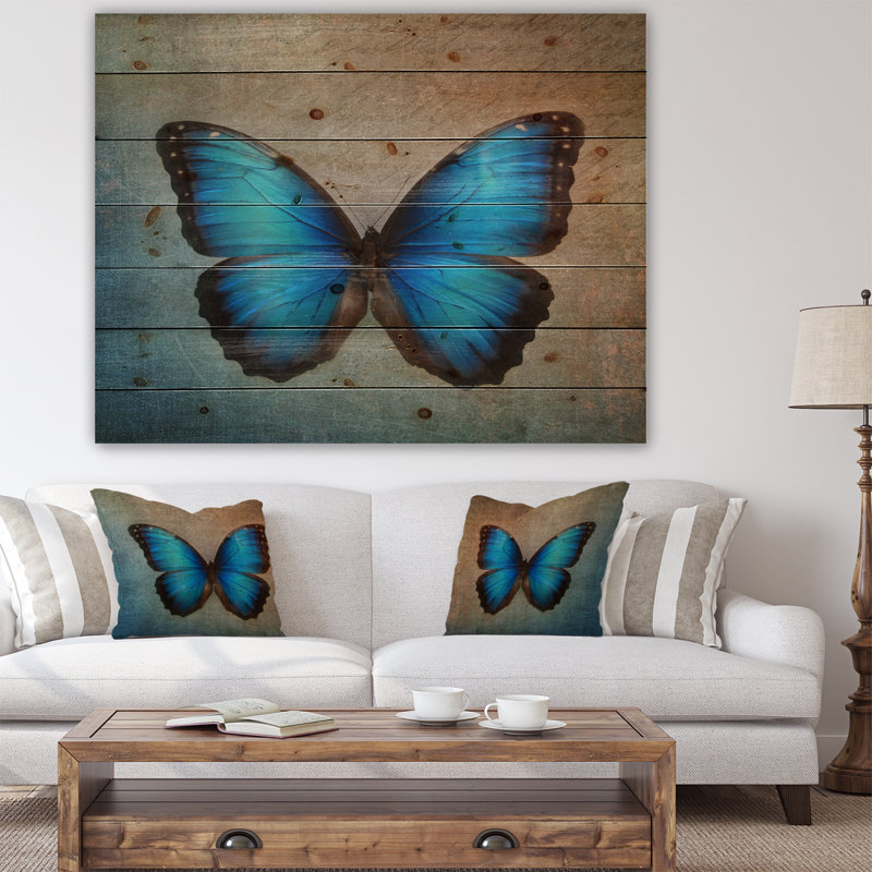 Floral, papillon bleu rétro, Impression sur toile - Papillon rétro, H 15 po x l 20 po x P 1 po, Bois