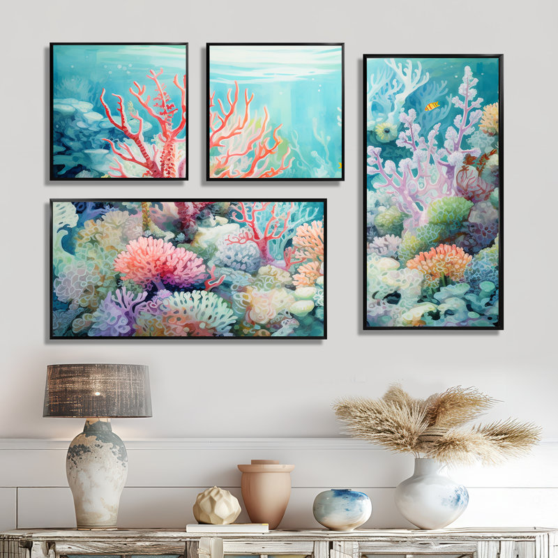 Underwater Coral Symphony Ii II - Pink Coastal, impressions sur toile 4 pièces, Noir, Impression encadrée sans passe-partout
