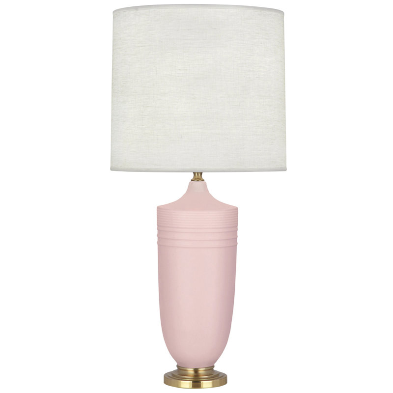 Matte Woodrose Ceramic and Modern Brass Table Lamp with Oyster Linen Shade