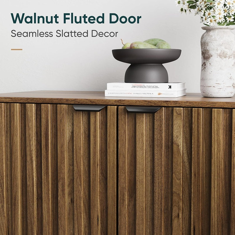 Walnut Fluted Sideboard Buffet With Metal Legs & Adjustable Shelf