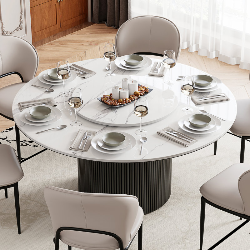 Modern 59"Round Dining Table with Lazy Susan, White Glossy Sintered Stone Top, Wood leg, Black