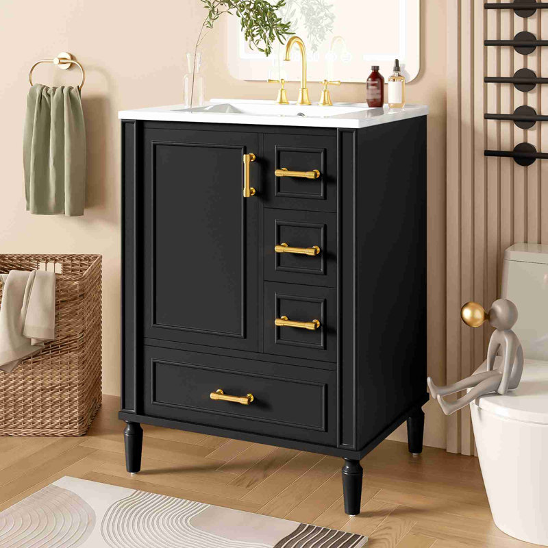 Meuble-lavabo autoportant 24 po avec lavabo en céramique 24 po, Noir, 24"