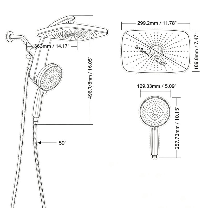 Pomme de douche à main - pomme de douche à pluie haute pression de 12 pouces, pomme de douche à main à 9 jets, fixation magnétique, jet puissant, tuyau de douche de 59 pouces