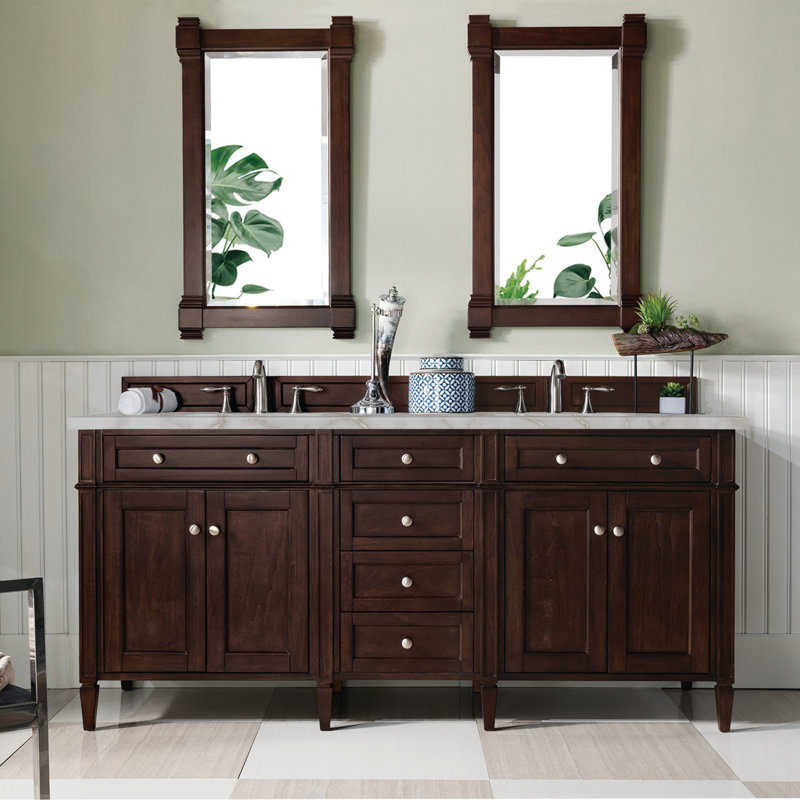 Meuble-lavabo double l 72 po Dussault, Acajou bruni, Argent victorien, 8 po