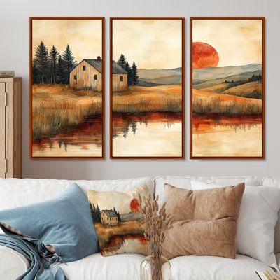 Orange And Black Farm Landscape Earthy Elegance - Farmhouse Wall Decor Set