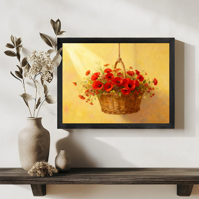 Art encadré noir avec panier de coquelicots rétro, H 13 po x l 17 po