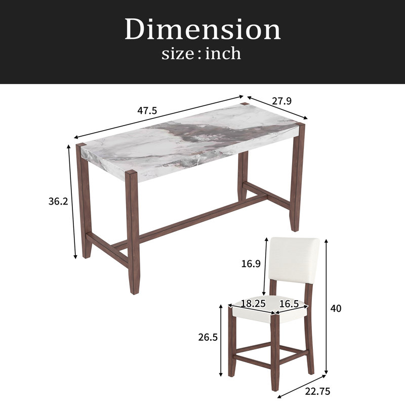 Ensemble de table de salle à manger 5 pièces à hauteur de comptoir pour 4 personnes, table de bar en faux marbre et 4 chaises rembourrées, ensemble de salle à manger de style Mid-Century moderne pour la salle à manger, cuisine de pub, petit espace