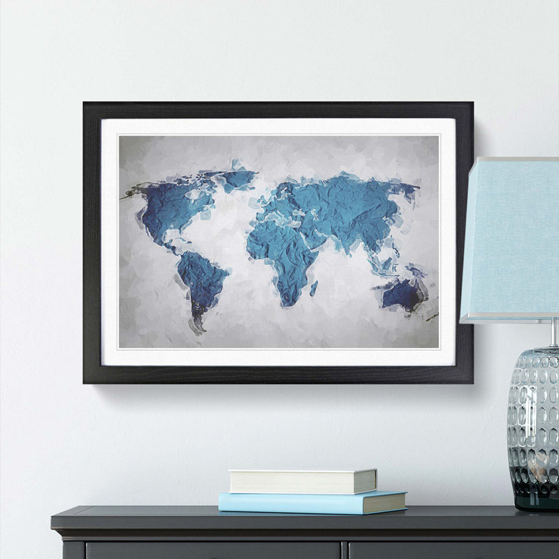 Teal Blue Map of the World in Abstract - Picture Frame Graphic Art Print on MDF, 27cm H x 36cm W x 2cm D, Black Framed