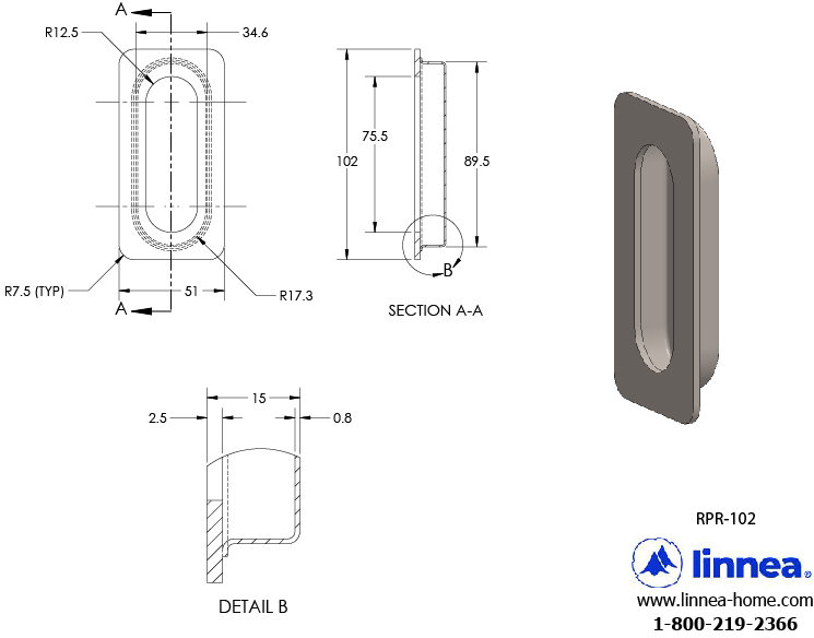 Recessed Pull Plate, Satin Stainless Steel, 4.01" H x 2" W x 1" D