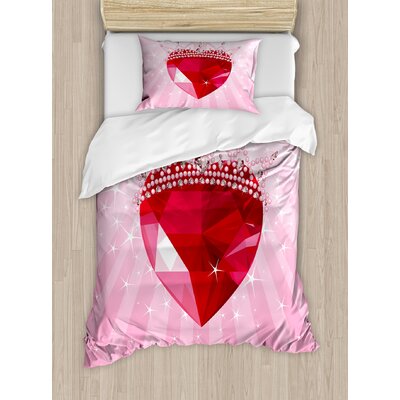 Vibrant Love Heart with Princess Crown Cartoon Style Romantic Kids Girls Room Decor Duvet Cover Set -  Ambesonne, nev_33600_twin