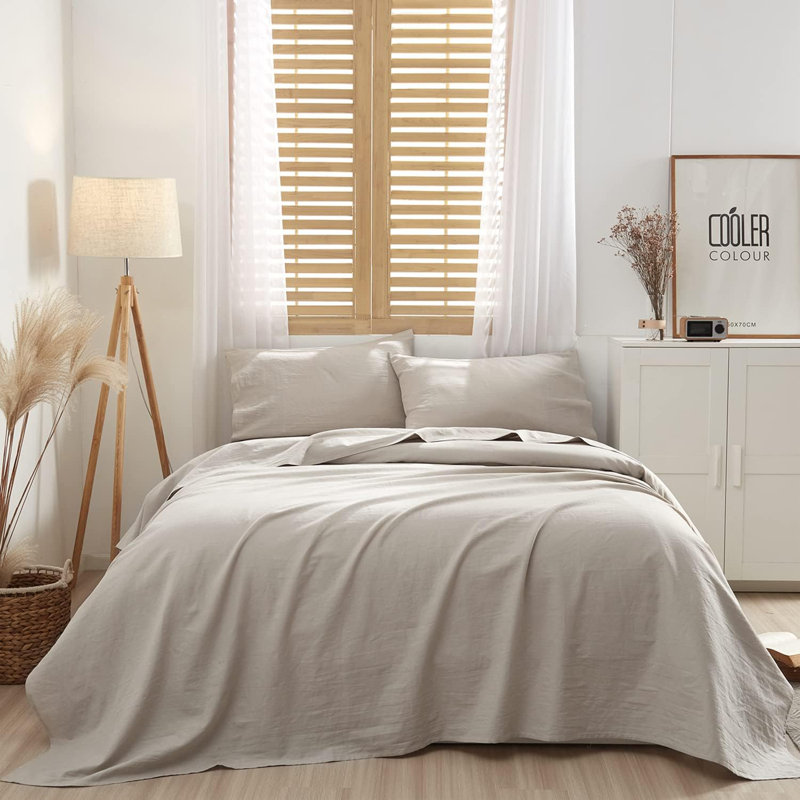 Ensemble de draps 100% lin français Lived in Look, Ensemble de draps pour grand lit avec 2 taies d'or