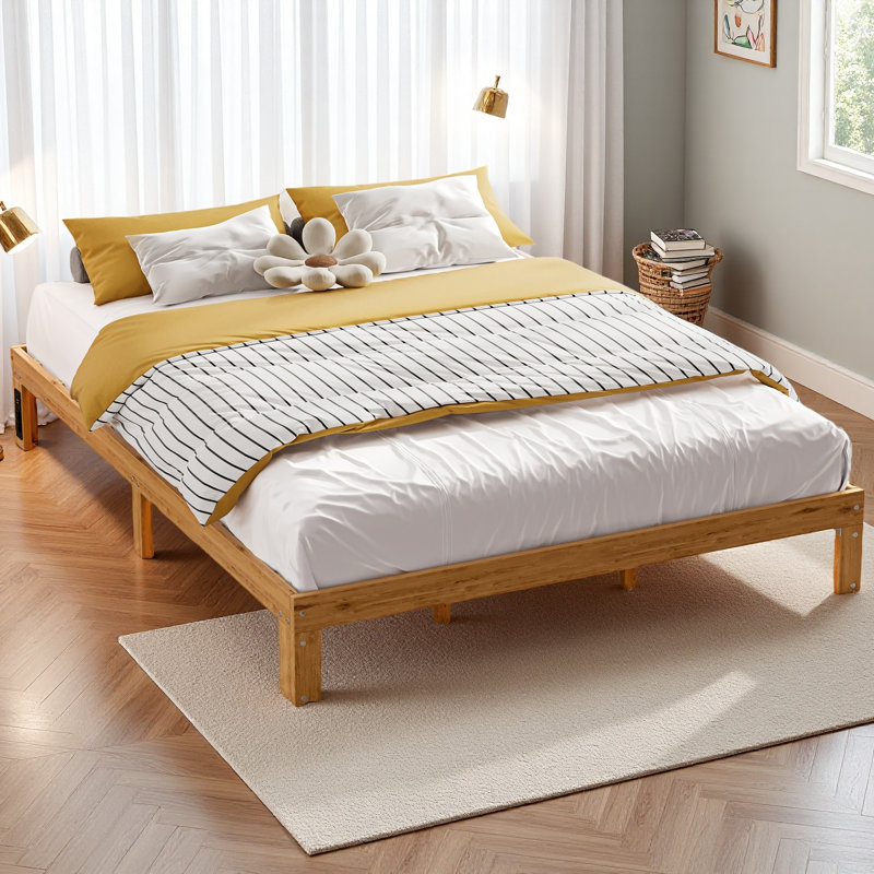Cadre de lit plateforme grand en bois - Cadre de lit grand en bois massif de 12 pouces avec support de lattes, aucun sommier requis, assemblage facile - pin rustique