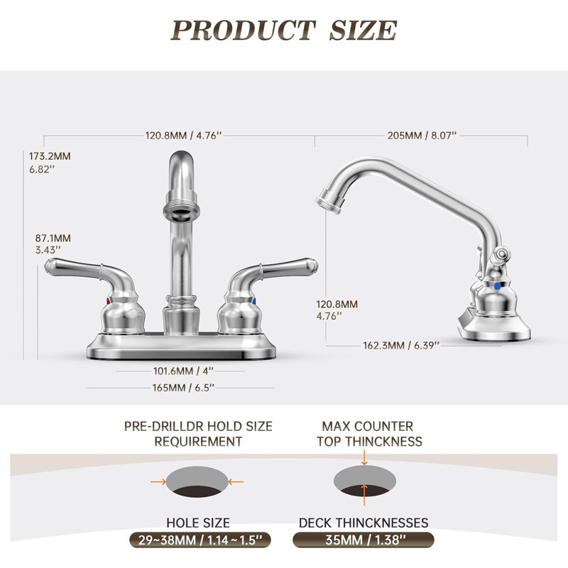 Brushed Nickel 4 Inch Utility Sink/Laundry Faucet, 2 Or 3 Hole Centerest Rotatable Swivel 360° Spout With Garden Hose Threaded End, With Water Supply Line