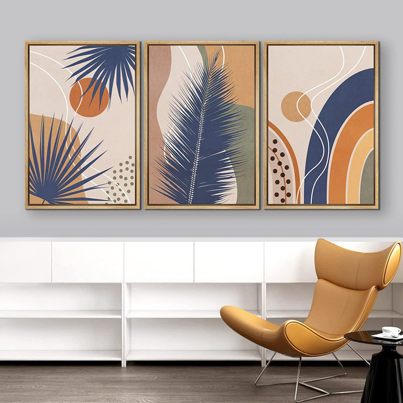 «Mid Century Shape Geometric Palm Leaf Polygon», ensemble de 3 impressions sur toile flottante, H 36 po x l 72 po, Naturel