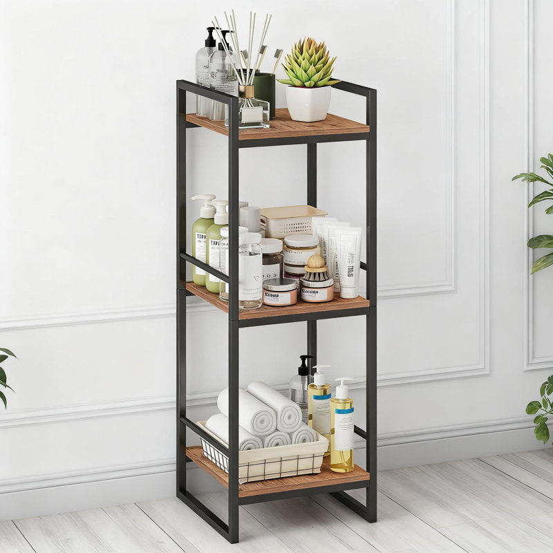 3-Tier Freestanding Storage Shelf, Heavy Duty Metal Frame With Wood-Look Shelves For Bathroom, Kitchen, Laundry Room, Bedroom, Space Saving Corner Organizer With Easy Assembly