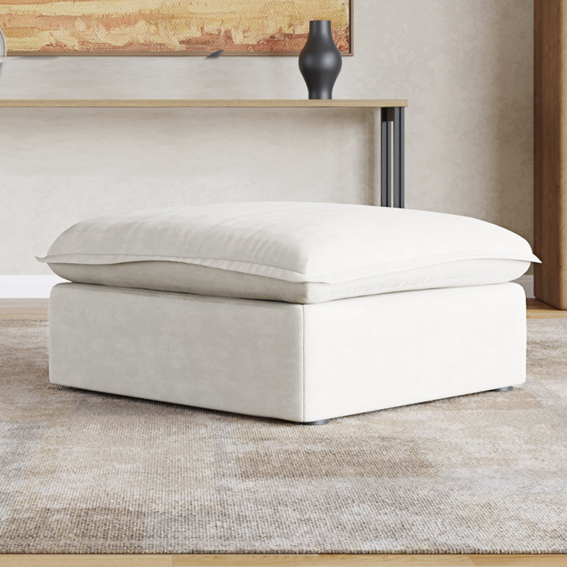 Fairford Upholstered Linen Velvet Slipcovered Ottoman, Linen Blend White