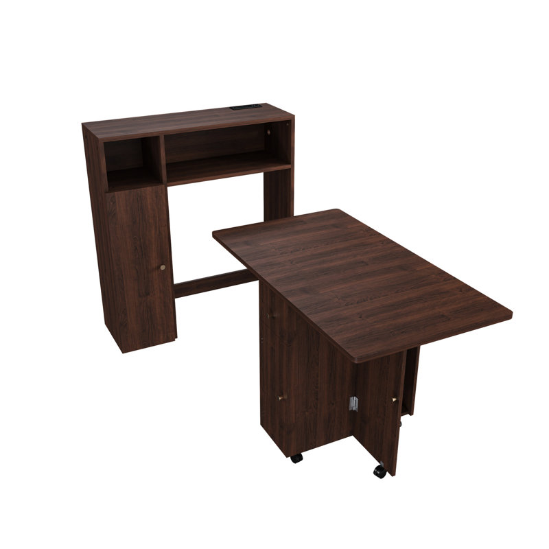 Folding Dining Table With Sideboard & Braking Function, Material, Walnut Color, Small Space Multifunctional Socket, Foldable For Saving,