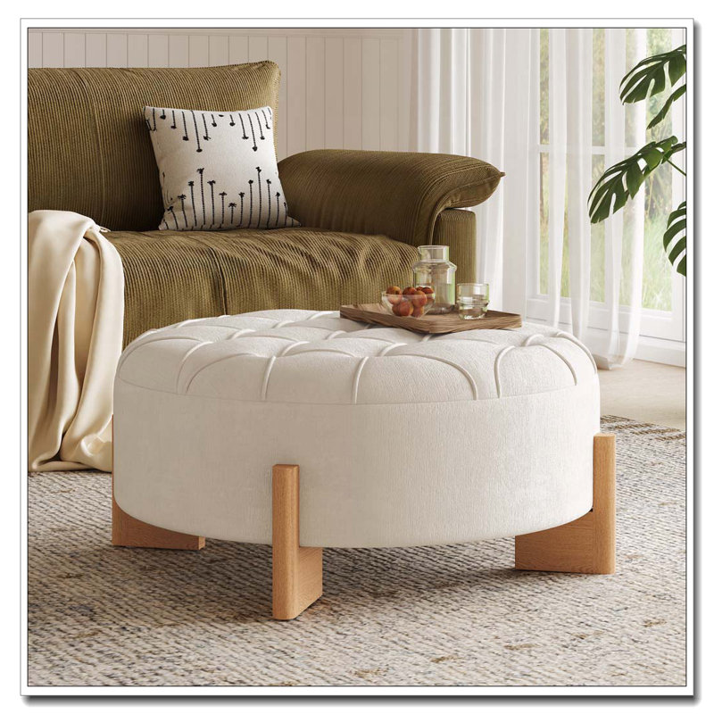 Repose-pieds rond capitonné 32 po avec pieds en bois massif, table basse moderne avec boutons touffetés, Beige