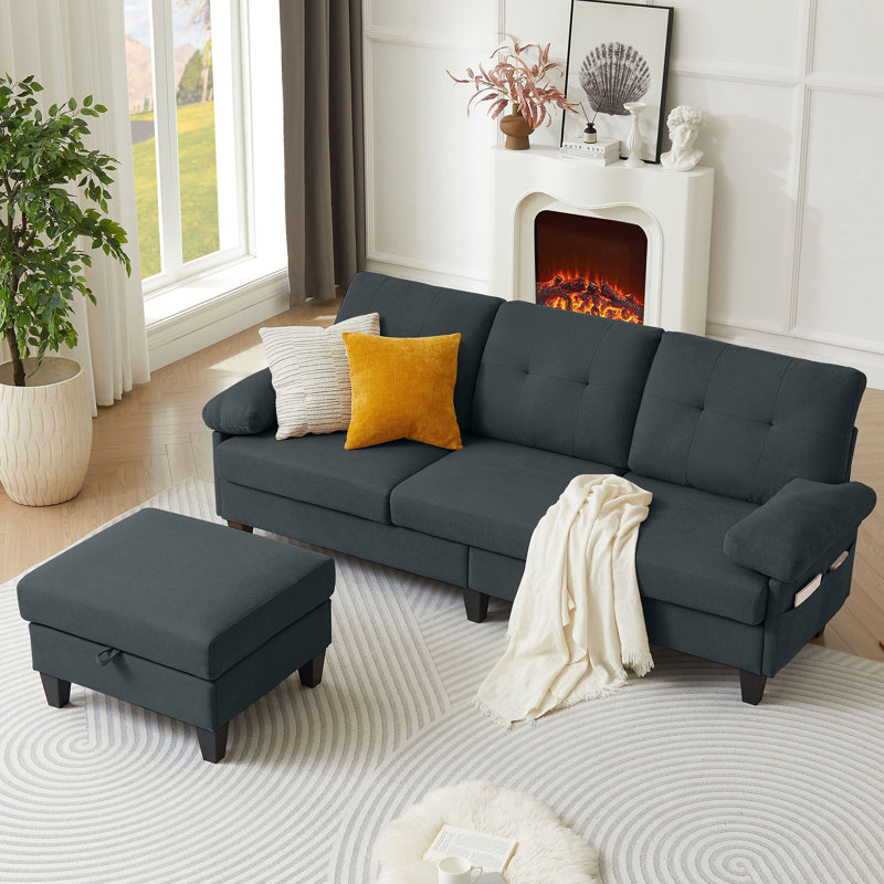 Marchel Upholstered L-Shaped Sectional with Ottoman Reversible, Charcoal 100% Linen