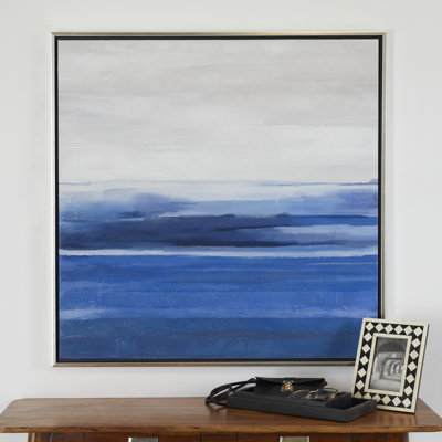 Blue Canvas Landscape Abstract Ocean Inspired Living Room Framed Wall Art with Silver Frame