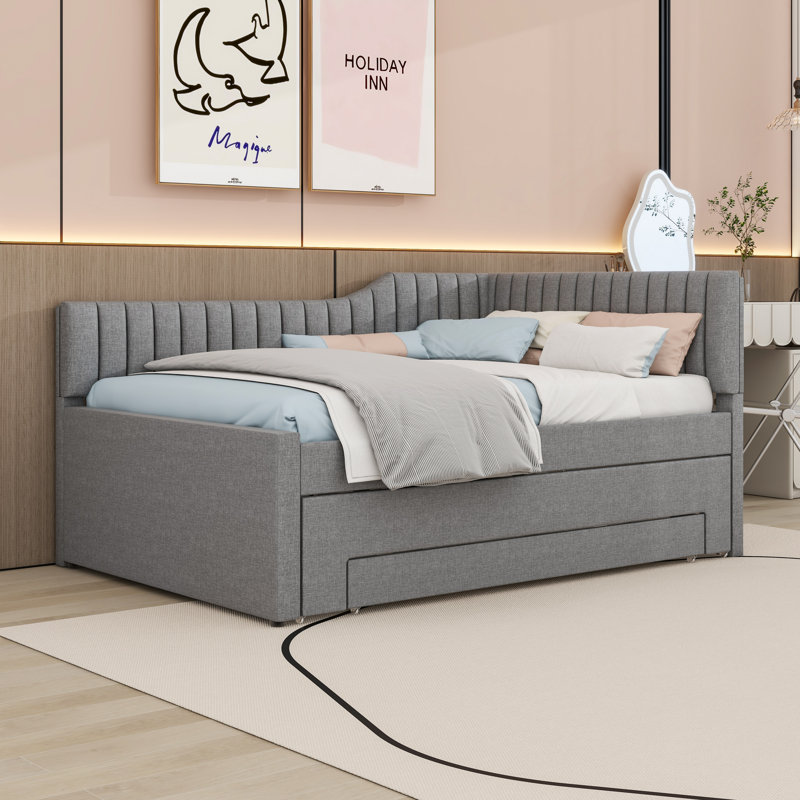 Three Drawers Upholstered Daybed with Trundle, Gray, Full/Double